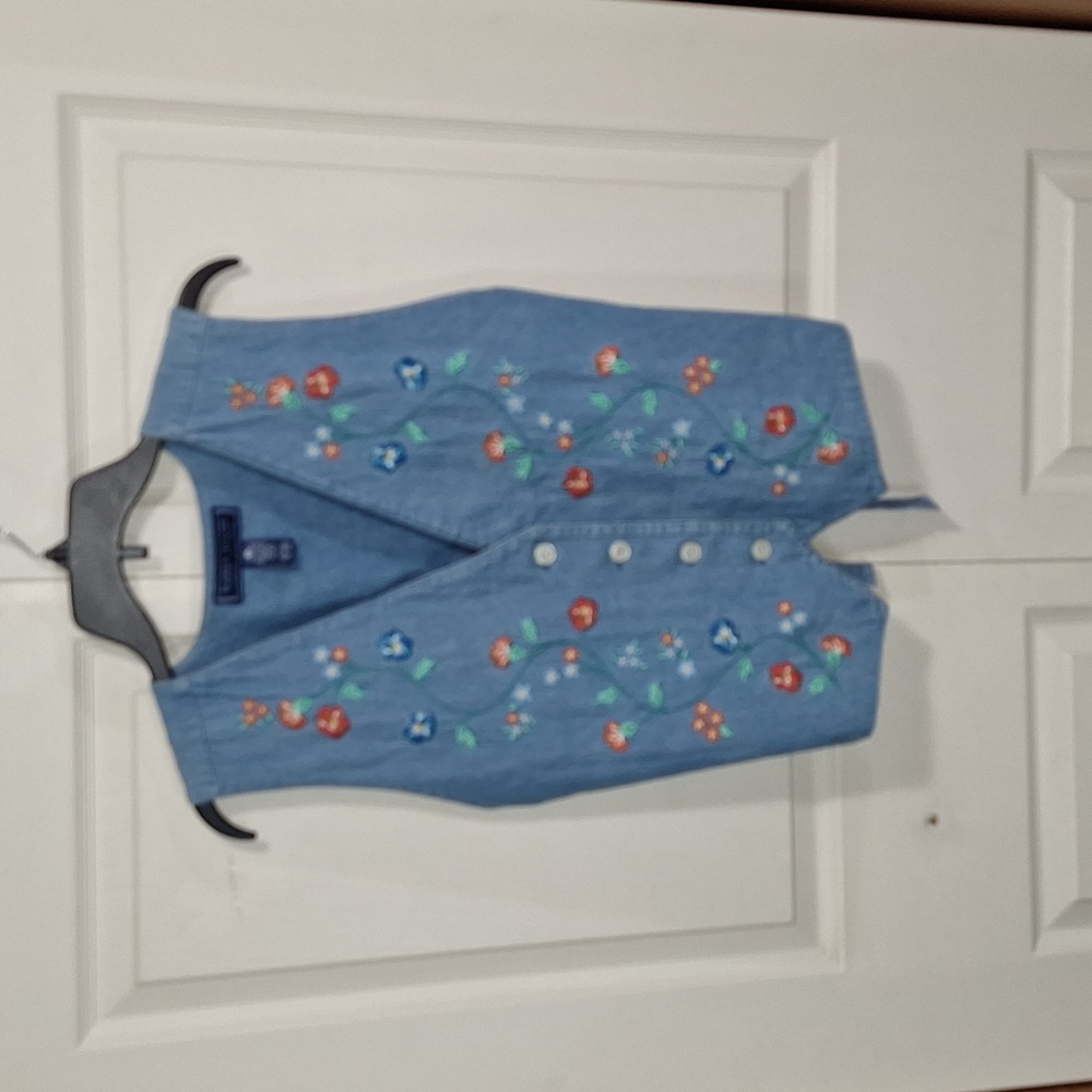 Vintage Karen Scott 100% Cotton denim embroidered vest - M - blue/floral - Picture 1 of 7